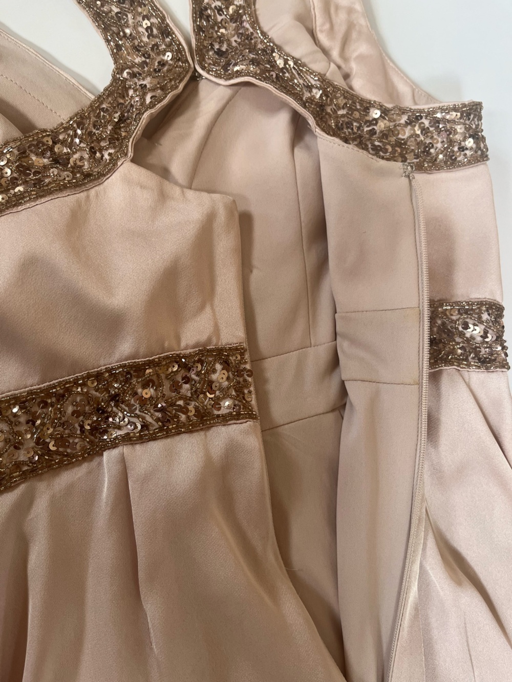 Aidan Mattox Champange Rose Gold Sequin Pleated Satin Long Formal Open Back Gown - Picture 12 of 15